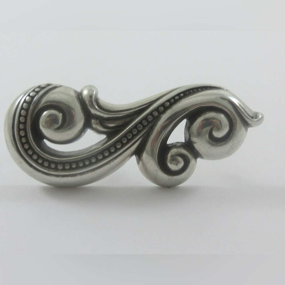 Mid century silver scrolls pin - leaf design- 2 3/4”